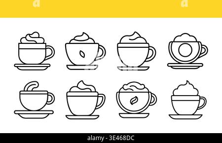 Coffee cup line art icon collection with different hot drink outline variations. Stock Vector