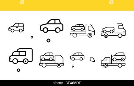 Tow truck and car carrier vehicle line icon collection. Stock Vector
