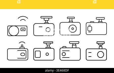 Dashboard camera line icon collection with wireless recording concepts. Stock Vector