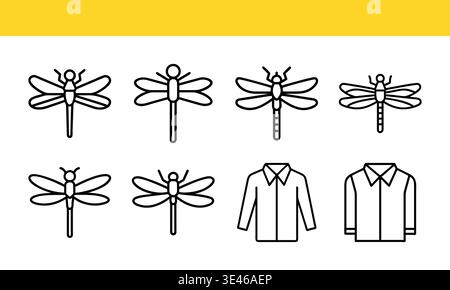 Dragonfly and collared shirt line icon collection with minimal outline variations. Stock Vector