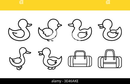 Duck and travel bag line art icon collection with cute minimal outline design. Stock Vector