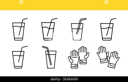 Beverage glass and protective gloves line icon collection with minimal outline design. Stock Vector