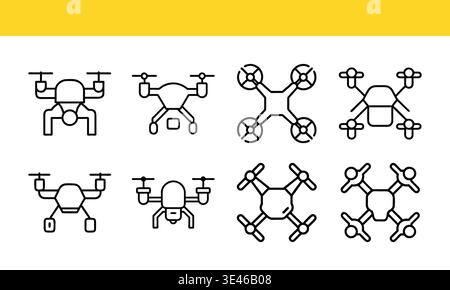 Quadcopter drone line icon collection with modern aerial technology concepts Stock Vector