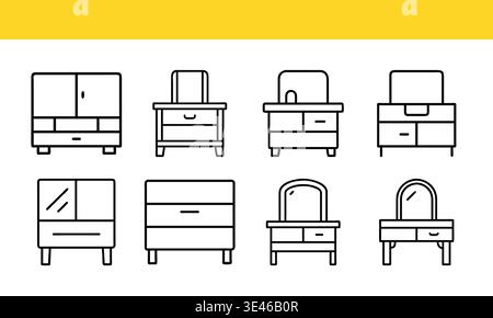 Furniture line icon collection with cabinet dresser and vanity table designs. Stock Vector