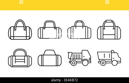 Duffel bag and delivery truck line icon collection for transport and luggage concepts. Stock Vector