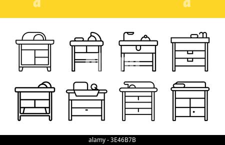 Baby changing table line icon collection with nursery furniture concepts Stock Vector