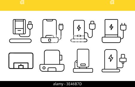 Smartphone charging station line icon collection with wired and wireless dock concepts Stock Vector