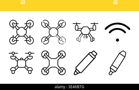 Drone technology line icon collection with wireless signal symbol. Stock Vector