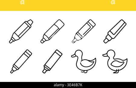 Line art illustrations of highlighter pens and ducks. Stock Vector