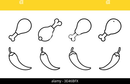 Outline illustrations of chicken drumsticks and chili peppers Stock Vector