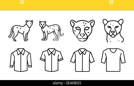 Cheetah and Shirt Icons in Black and White on Yellow Background Stock Vector