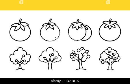 Tomato and Tree Icons in Black and White on Yellow Background Stock Vector