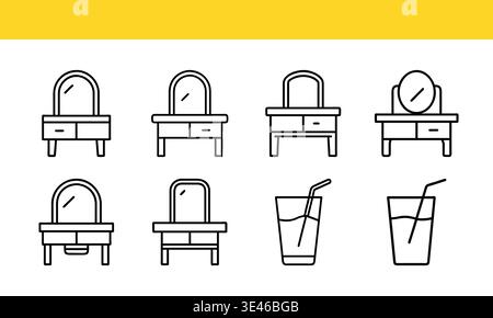 Vanity Table and Drink Icons in Black and White on Yellow Background Stock Vector