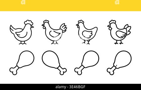 Chicken and Chicken Drumstick Icons in Black and White on Yellow Background Stock Vector