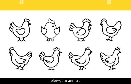 Chicken Icons in Black and White on Yellow Background Stock Vector