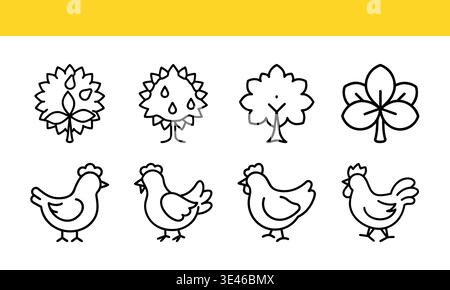Tree and Chicken Icons in Black and White on Yellow Background Stock Vector