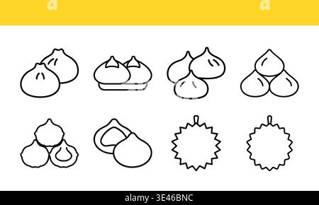 Dumpling and Durian Fruit Icons in Black and White on Yellow Background Stock Vector
