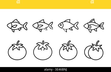 Fish and Tomato Icons in Black and White on Yellow Background Stock Vector