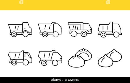Dump Truck and Dumpling Icons in Black and White on Yellow Background. Stock Vector