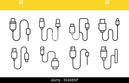 USB Cable Icons in Black and White on Yellow Background. Stock Vector