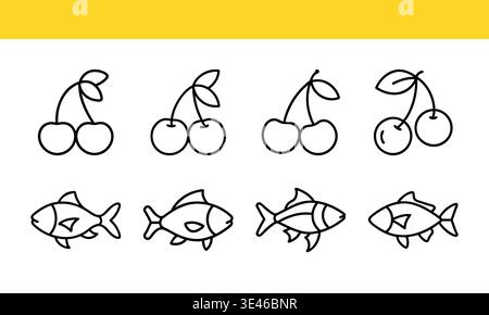 Cherry and Fish Icons in Black and White on Yellow Background. Stock Vector