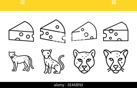 Cheese and Leopard Icons in Black and White on Yellow Background. Stock Vector