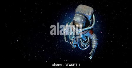 Astronaut wearing special suit in dark space. Banner design Stock Photo