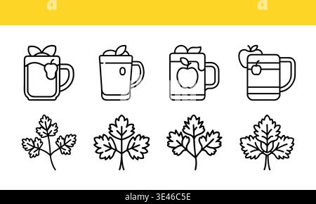 Drink and Leaf Icons in Black and White on Yellow Background Stock Vector