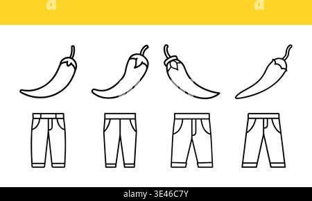 Chili Pepper and Jeans Icons in Black and White on Yellow Background Stock Vector