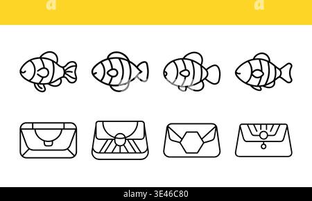 Fish and Envelope Icons in Black and White on Yellow Background. Stock Vector