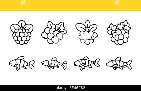 Berry and Fish Icons in Black and White on Yellow Background Stock Vector