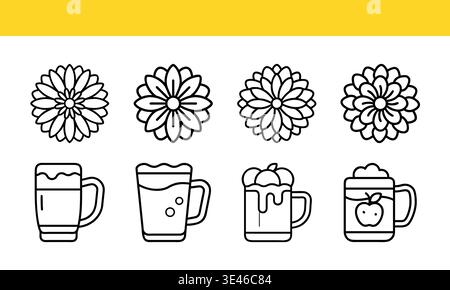 Flower and Drink Icons in Black and White on Yellow Background. Stock Vector