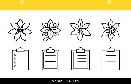 Floral and Checklist Icons in Black and White on Yellow Background. Stock Vector