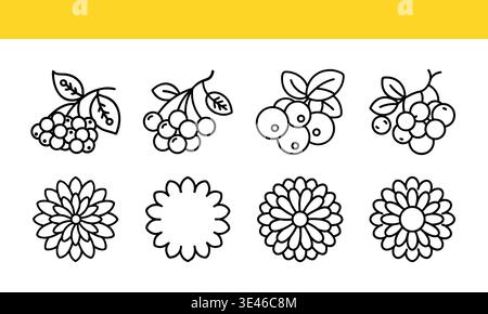 Hand-drawn Line Art of Berries and Flowers Set, Minimalistic Nature and Food Icons Stock Vector