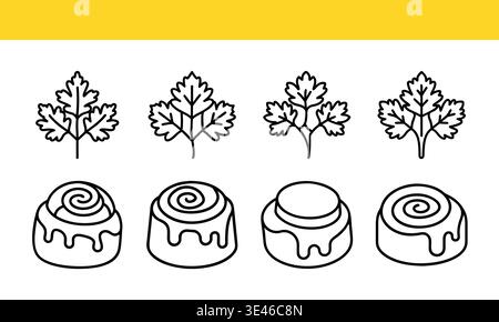 Minimal Line Drawing of Cinnamon Rolls and Leaves Set, Food and Nature Icons Stock Vector
