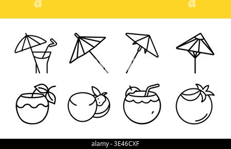Tropical Drink and Fruit Icons Set, Cocktail and Beverage Outline Vector Collection Stock Vector