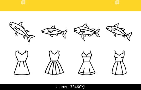 Fish and Dress Line Icons Set, Fashion and Marine Life Outline Vector Collection Stock Vector