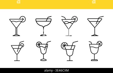 Cocktail Glass and Drink Icons Set, Beverage and Party Drinks Outline Vector Collection Stock Vector