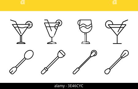 Cocktail Glass and Stirrer Line Icons Set, Beverage and Bar Tools Outline Vector Collection Stock Vector