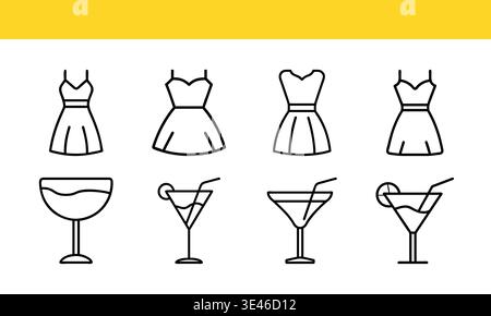 Dress and Cocktail Glass Line Icons Set, Fashion and Beverage Outline Vector Collection Stock Vector