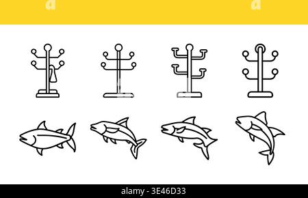 Coat Rack and Fish Line Icons Set, Household and Marine Life Outline Vector Collection Stock Vector