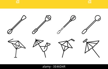 Drink Stirrer and Umbrella Line Icons Set, Beverage Accessories and Summer Symbols Outline Vector Collection Stock Vector