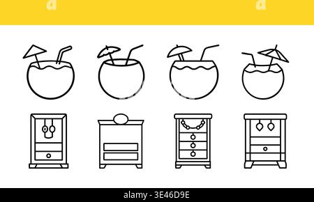 Cocktail Glass and Furniture Line Icons Set, Drink and Home Decor Outline Vector Collection Stock Vector