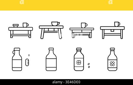 Table with Cup and Bottle Line Icons Set, Furniture and Beverage Outline Vector Collection Stock Vector