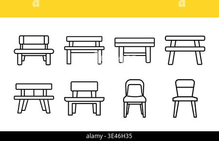 Bench and Chair Line Icons Set, Seating Furniture Outline Vector Collection Stock Vector