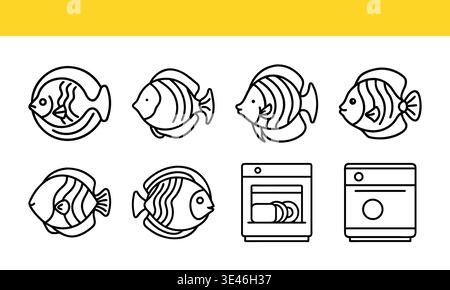 Fish and Dishwasher Line Icons Set, Marine Life and Household Appliance Outline Vector Collection Stock Vector