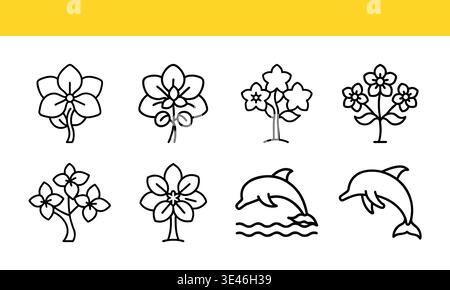 Flower and Dolphin Line Icons Set, Nature and Marine Life Outline Vector Collection Stock Vector