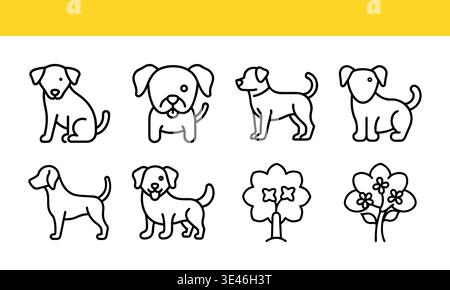 Dog, Tree and Flower Line Icons Set, Pet Animal and Nature Outline Vector Collection Stock Vector