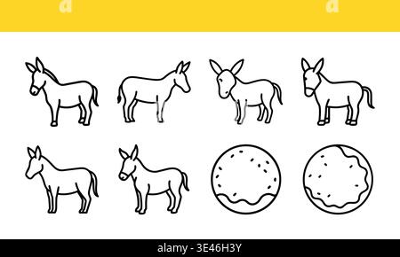 Assorted illustrations of donkeys and hay bales in a simple line drawing style isolated on transparent background Stock Vector