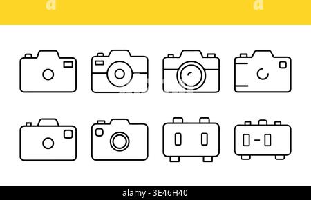Assorted vintage and modern camera icons in a minimalist line art style isolated on transparent background Stock Vector